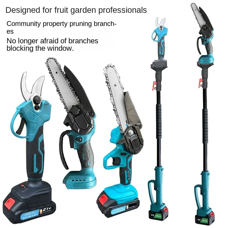 6 inch electric chain saw, 2.5 cm electric shears, 1.7 m telescopic extension rod
