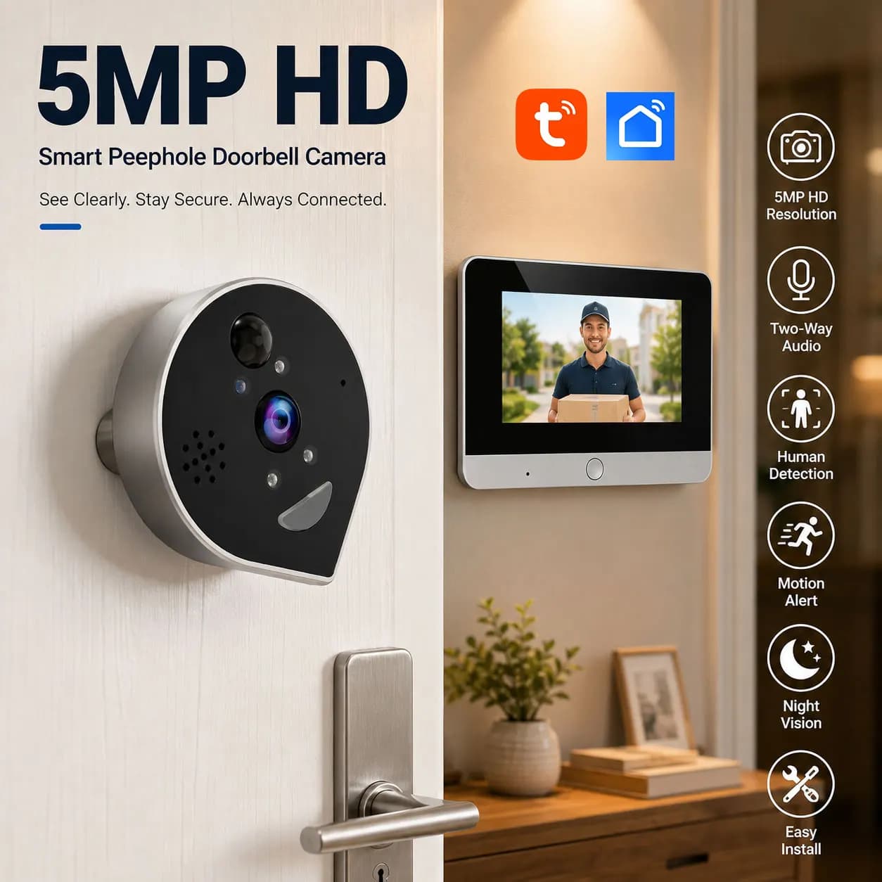Tuya 5MP 4.3 Screen Mini Digital Peephole Viewer WiFi 940NM IR Microwave Radar Motion Detection Door Camera 5000mAh Battery