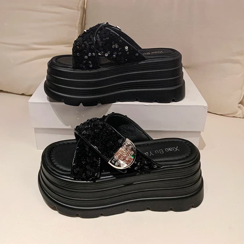 8CM High Platform Slippers Women Summer Bling Fashion 2025 New Increase Heels Sandals Casual Muffin Flip-flops Heels Beach Shoes