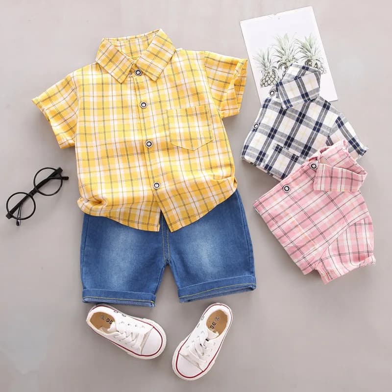 Abbigliamento Estivo per Bambini: Camicia in Flanella con Pantaloncini in Denim Elasticizzati, Set Trendy da Due Pezzi per Ragazzi