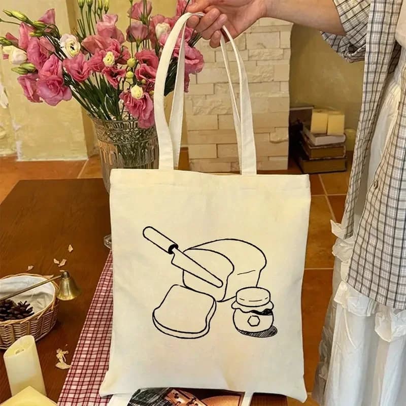 Bread Jam Line Art Canvas Tote Bag Minimalist Food Print Shoulder Bag Reusable Friendly Tote for Grocery