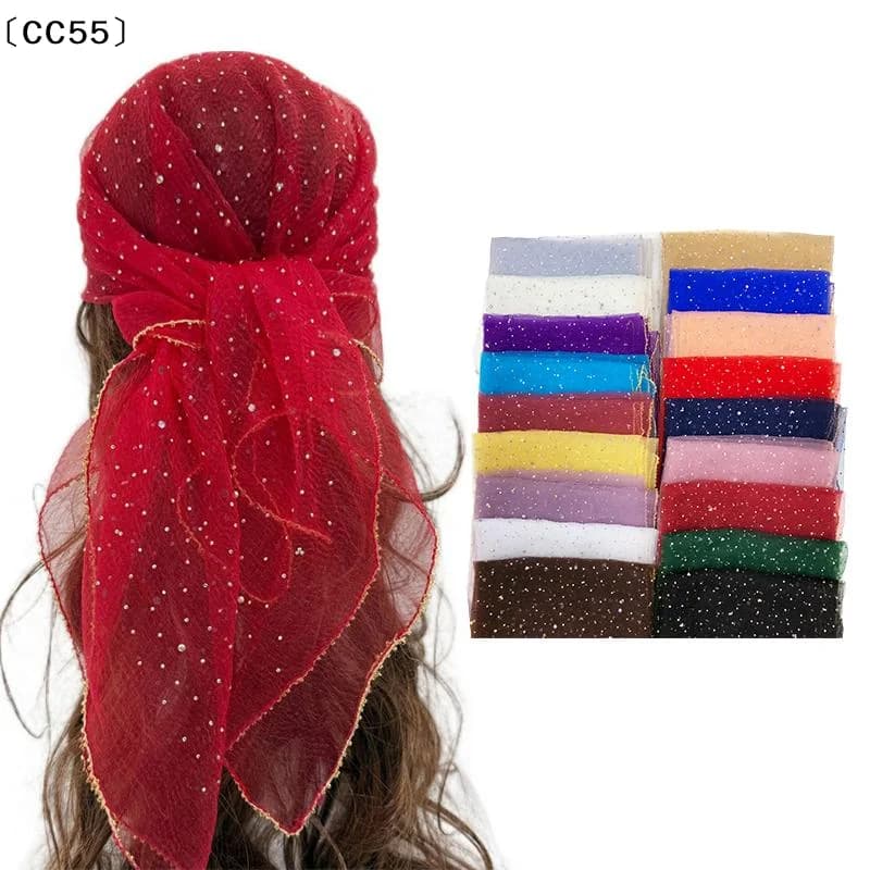 Foulard Quadrato in Seta con Strass Trendy, Sottile e Leggero, Traspirante, Sciarpa Monocolore Elegante, Copricapo Versatile〔CC55〕
