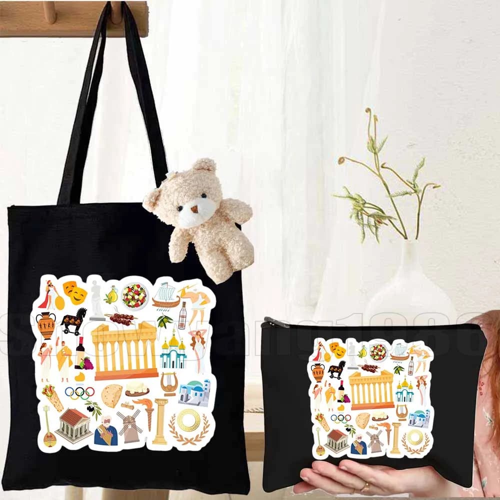 Set di 3 Borse Tote in Tela con Icone di Brasile, Canada, Francia, Germania, Grecia, Svezia, Italia, Messico, Russia, USA, Giappone, Borsa Ecologica da Viaggio e Shopping