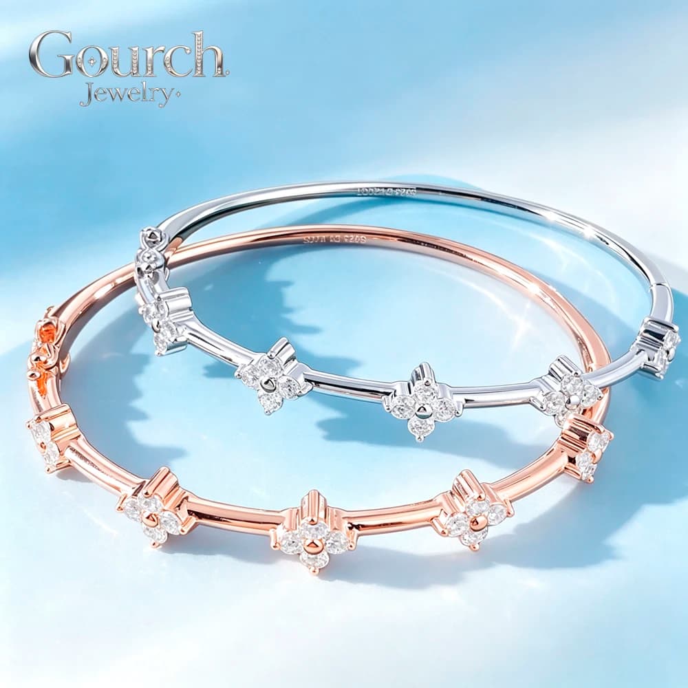 Gourch 2.5mm Round Cut Real Moissanite Clover Flower Bangle for Women D Color VVS1 Lab Diamond 925 Sterling Silver Cuff Bracelet