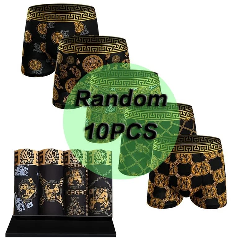 Random 10 Piece Set Of Men's Personalized Black Gold Knight Printed Flat Corner Pants, Fashionable Elastic Men's Underwear