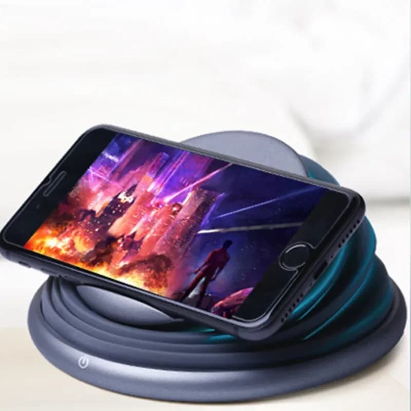 Caricatore Wireless Portatile per Smartphone, Supporto Pieghevole per Telefono, Lampada da Tavolo con Luce Ambientale LED, Illuminazione Regolabile, Ricarica Rapida 10W