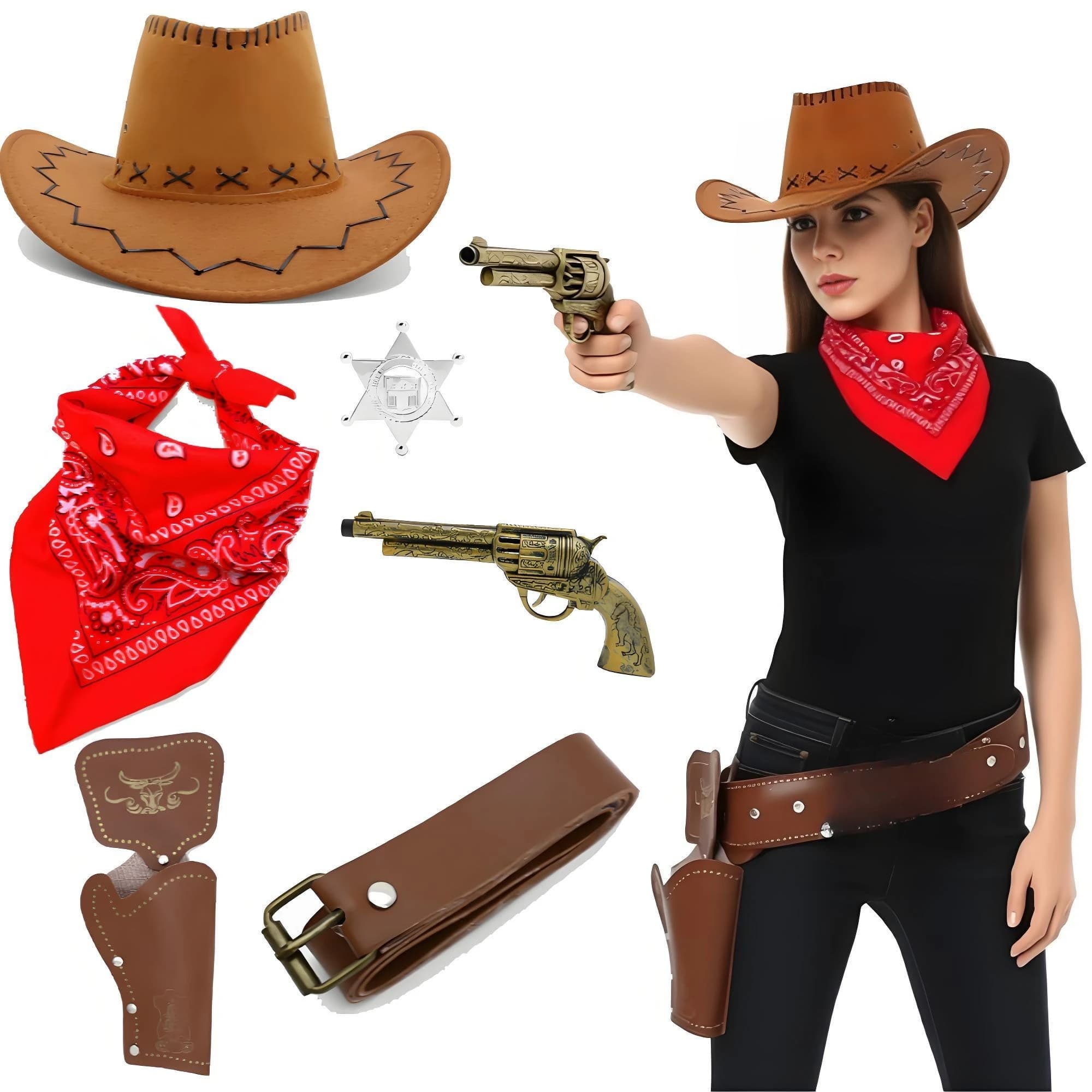 Medieval Cosplay Set Cowboy Costume Accessories Cowboy Hat Bandanna Toy Guns with Belt Holsters Cowboy Set for Halloween Party