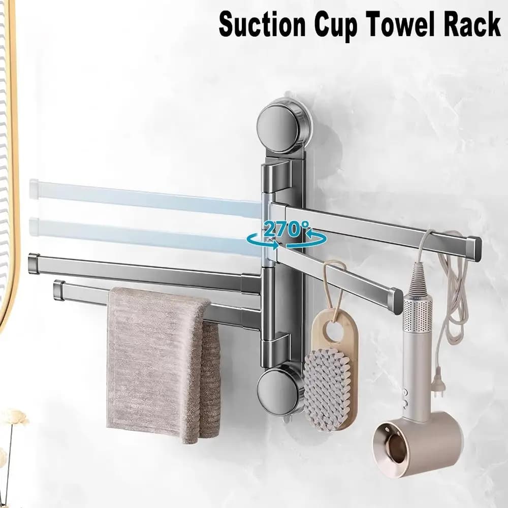 Portasciugamani a 4 bracci con ventosa, da parete, in alluminio, senza foratura, design girevole, per cucina e dormitorio
