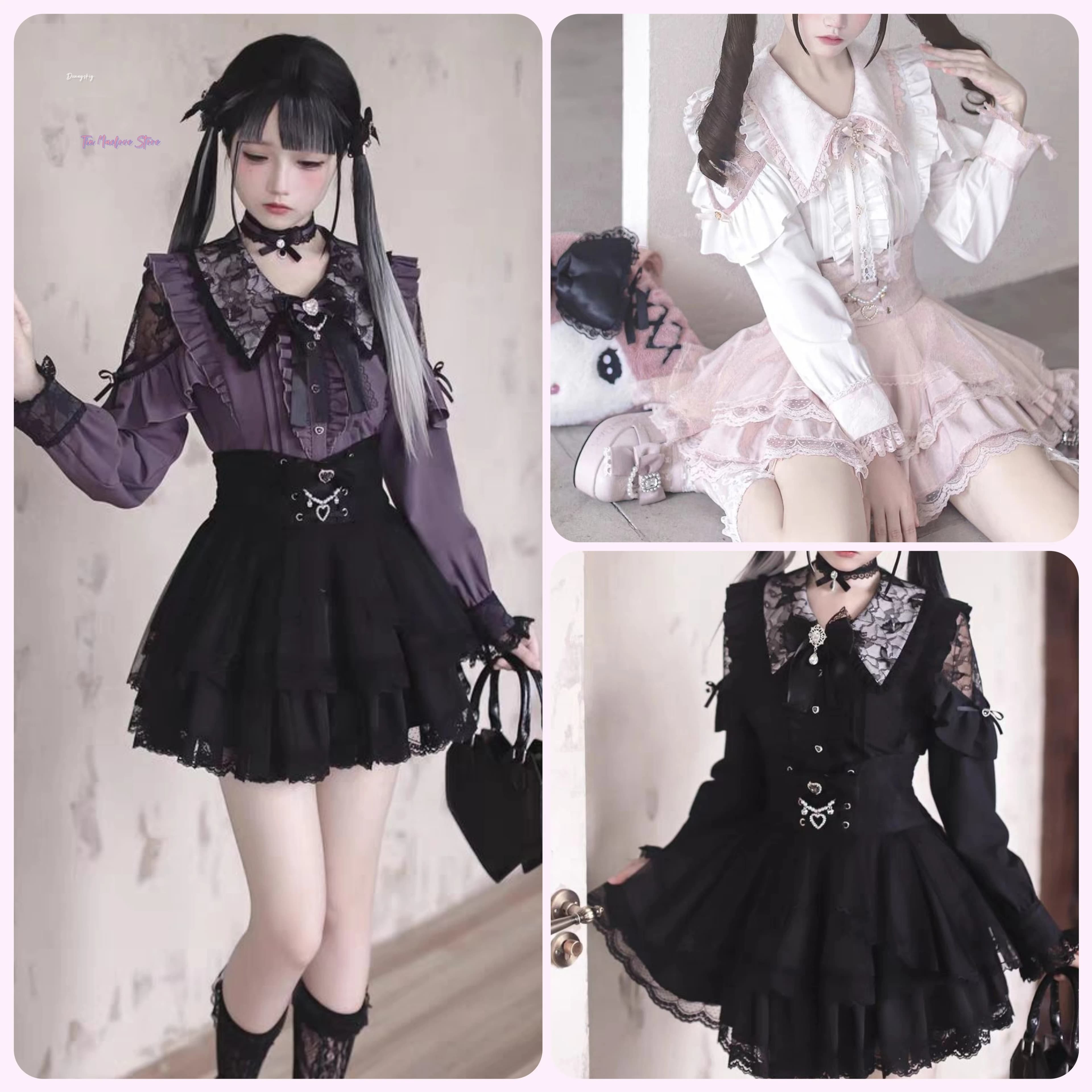 Camicia Jirai Kei, gonna JK, Lolita Y2K, dolce stile giapponese, blusa viola a maniche lunghe, uniforme scolastica, outfit scuro a vita alta