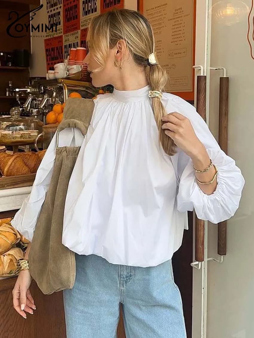 Oymimi Camicia da donna casual bianca con o-collo Moda Manica a tre quarti Camicie larghe con lacci Camicia elegante in cotone con apertura sul retro Donna