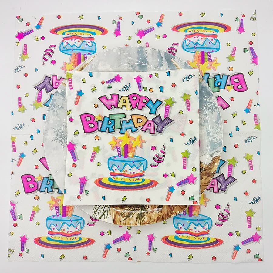 20Pcs Happy Birthday Napkins 33x33cm 2-Ply, Colorful Cake with Star Candles Design for Party Tableware Decor
