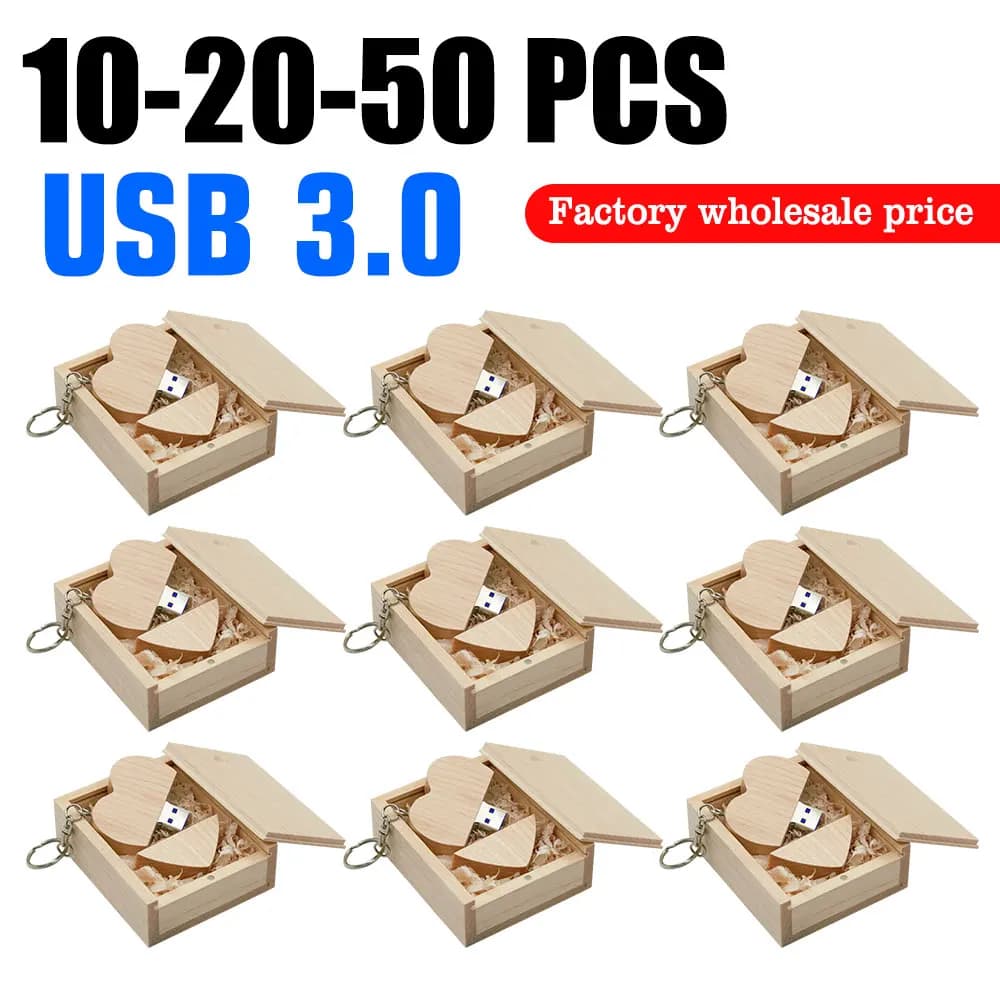 10 pz/lotto Cuore di Legno + SCATOLA Chiavetta USB Pendrive 64GB 32GB 16GB 8GB 128GB 4GB U Disco Fotografia Regali di Nozze