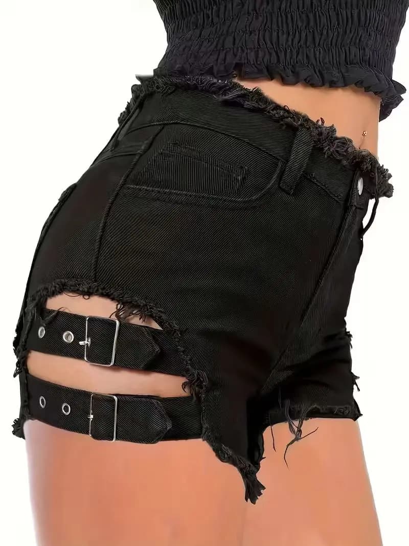 Shorts in denim neri da donna a vita bassa con orlo sfrangiato, cinturini regolabili con fibbia, cut-out sexy, mini hot pants per clubwear e feste
