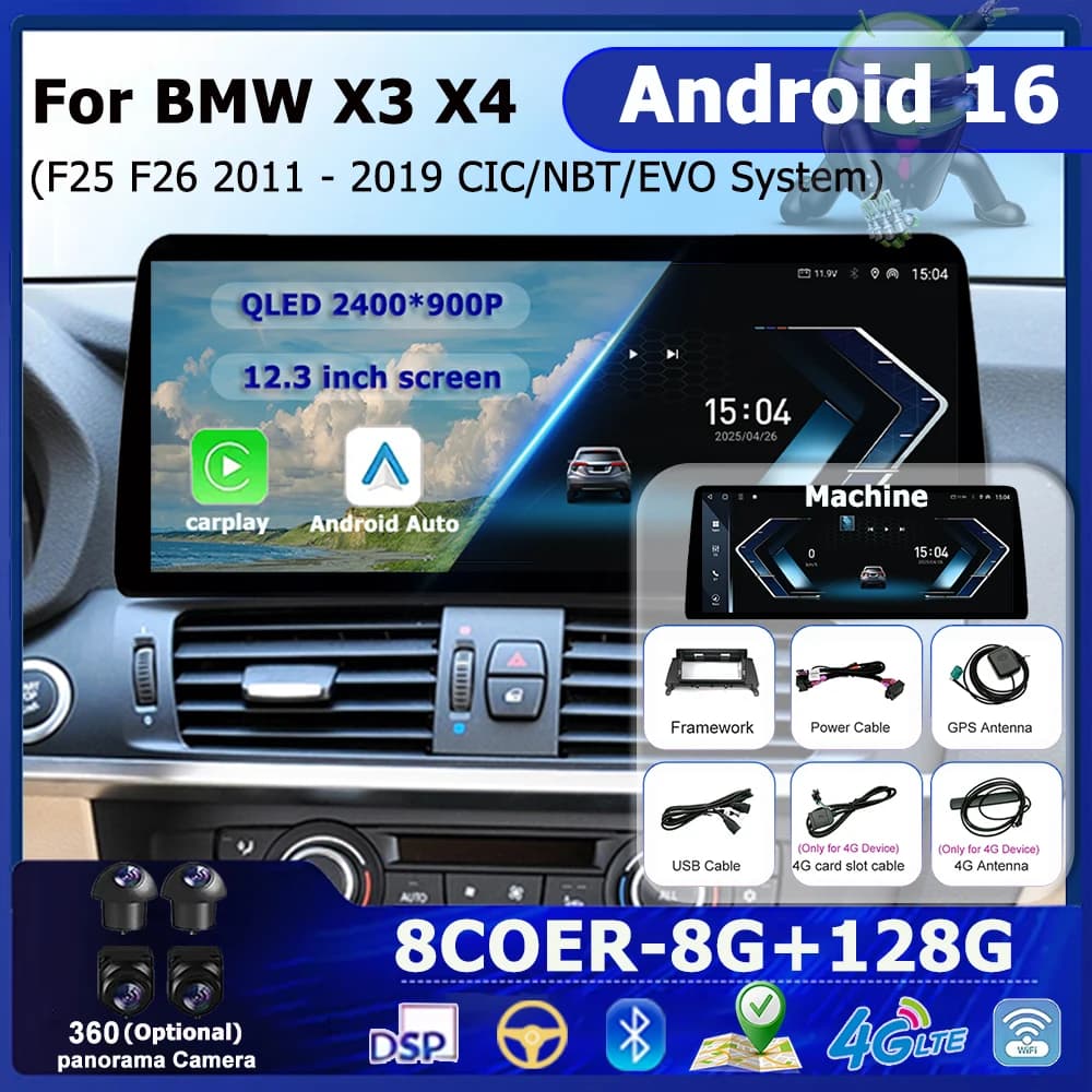 Android 16 Per BMW X3 X4 F25 F26 2011 2012 2013 - 2019 CIC NBT EVO Sistema GPS Auto Audio Video Lettore Multimediale WiFi BT Carplay
