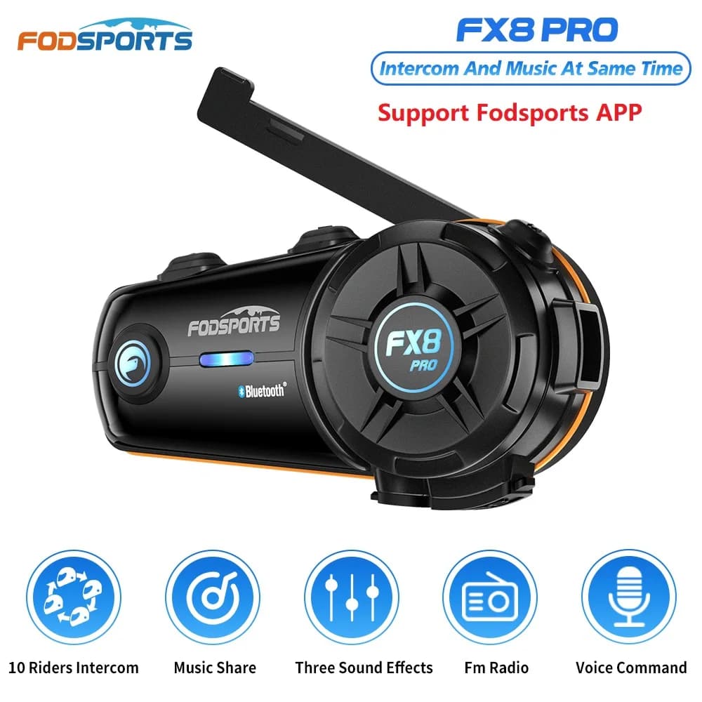 Fodsports FX8 Pro Motorcycle Intercom Bluetooth Helmet Headset Interphone,10 Riders 2000M,Dual Chip,Support APP.