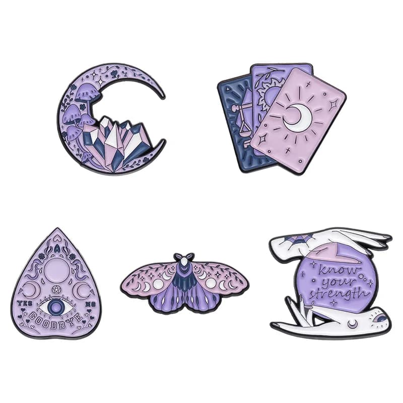 Cute Magic Purple Witchy Enamel Pin Tarot Card Moon Moth Crystal Ball Know Your Strength Badges Mystical Occult Jewelry Gifts