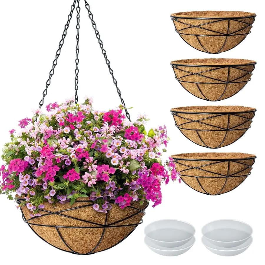 Set of 12 Suspended Jars for Plants from Exterior, Metal Baskets for Flowers with Cock Fiber Coating, Round Plant Door
