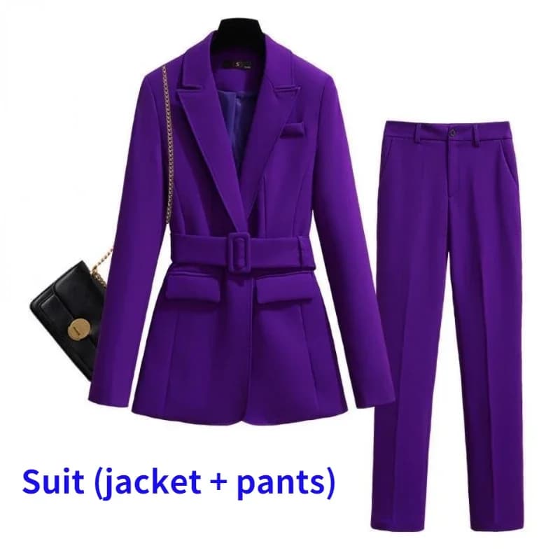 Blazer e pantaloni lunghi viola da donna 2 pezzi Set completo a due pezzi con cintura in vita autunno 2024 Office Black Coat telai Business S-4XL