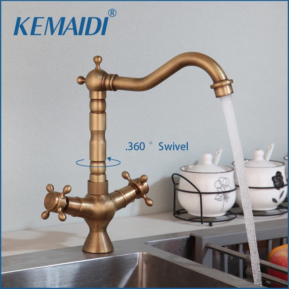 KEMAIDI brass kitchen faucet double handle mixer for hot and cold water with swivel spout 360 tap mounted on deck