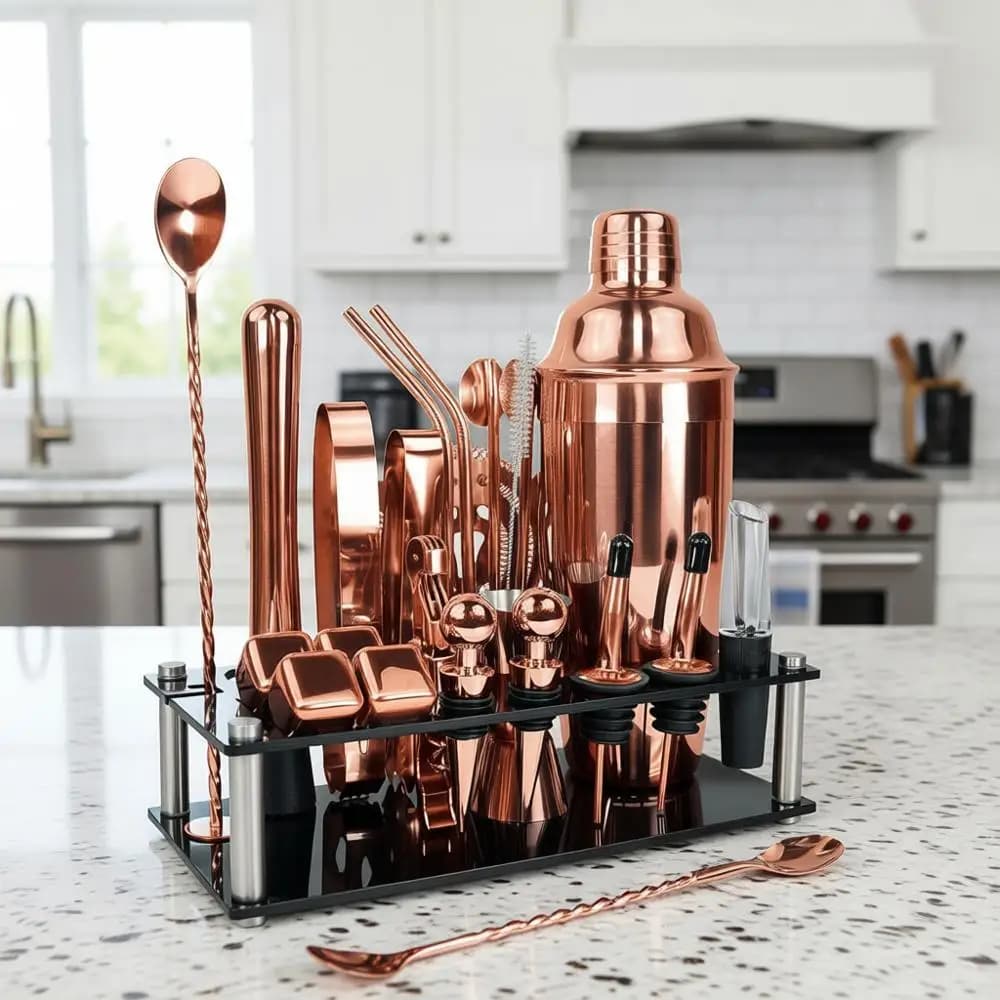 Set da Cocktail in Oro Rosa da 24 Pezzi con Supporto e Accessori Essenziali per Bar Domestico