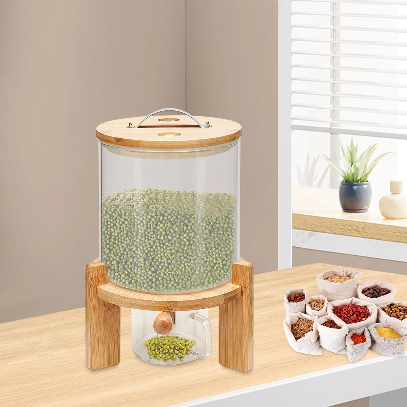 Dispenser di riso da 5 litri Contenitore per cereali Conservazione di cereali Bottiglia di vetro per alimenti secchi con valvola
