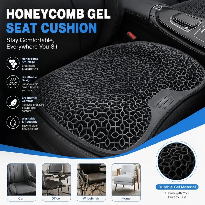 1 Pcs Honeycomb Gel Seat Cushion Breathable Ergonomic Cooling Chair Pad Non-Slip Pressure Relief for Car Office Home Wheelchair