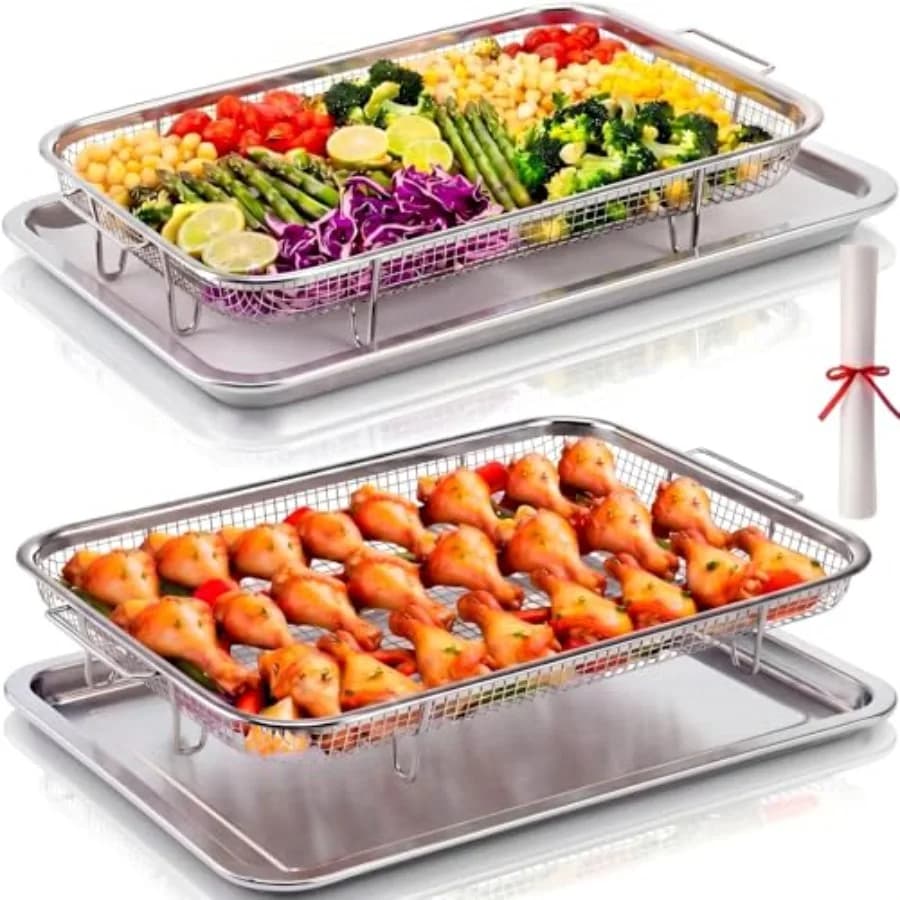 Set di cestelli per friggitrice ad aria da forno: acciaio inossidabile, argento, extra large 18,8 x 12,8, lavabili in lavastoviglie, include 50 fogli di carta da forno per