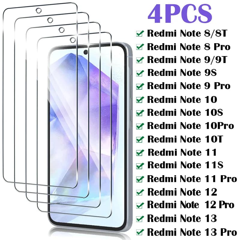 4 pezzi di vetro temperato per Xiaomi Redmi Note 13 12 11 Pro 10S 11S protezione dello schermo per Redmi Note 8 9 Pro 8T 9T 9S vetro protettivo