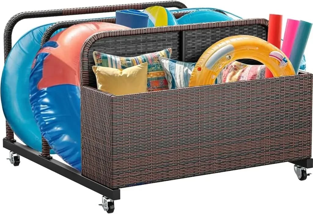Caddy galleggiante in vimini per esterni, in rattan PE, con ruote, per cuscini, galleggianti, materassini e giubbotti di salvataggio