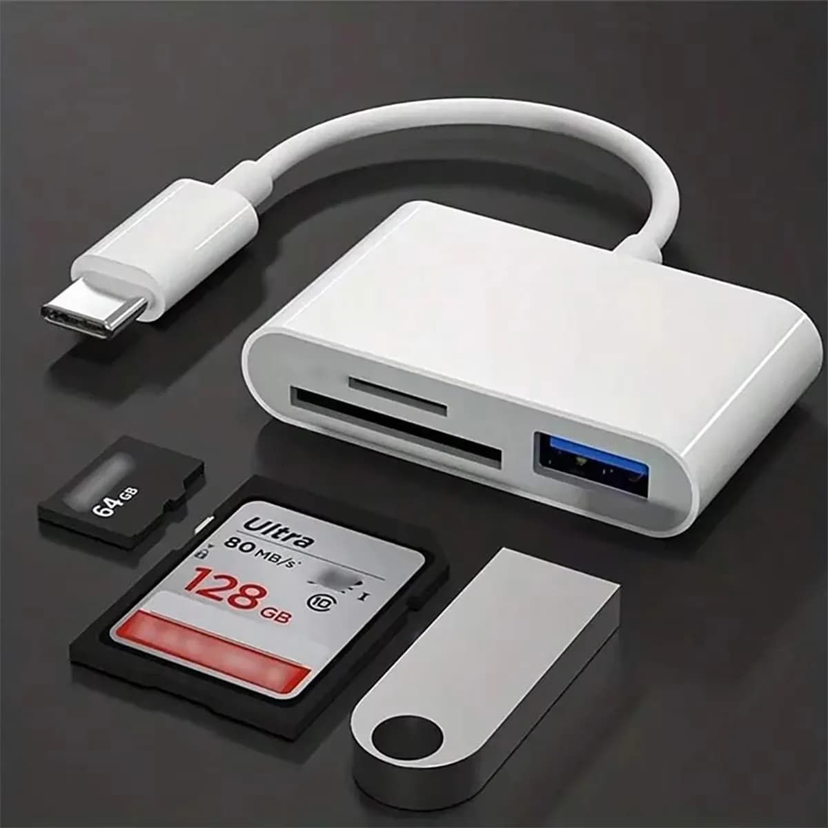 3-in-1 Multi-functional Type-C Card Reader, Compatible with Computer and Mobile Phone/SD/USB Connections.