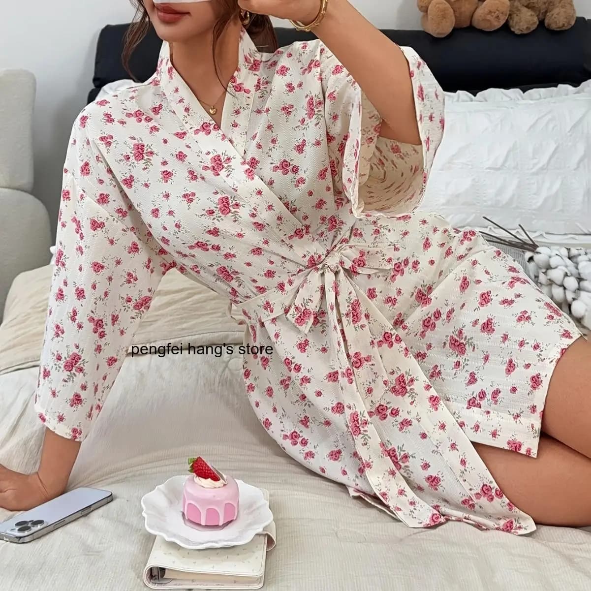European American Style Women Rose Print Bathrobe Open Front Robe Soft Breathable Casual Loungewear Comfortable Loose
