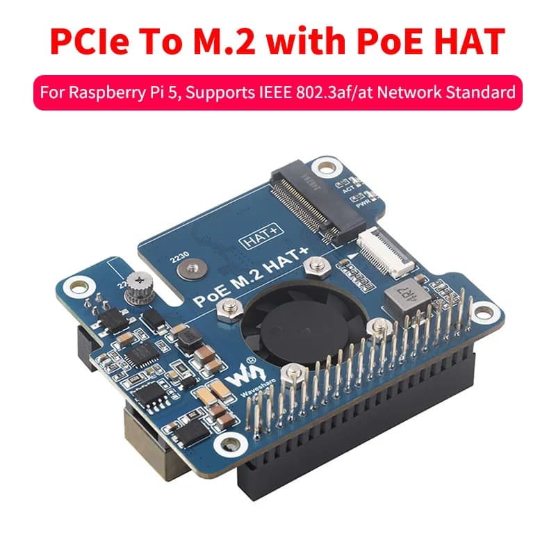 Raspberry Pi 5 PCIe Adapter to M.2 with PoE Support NVMe Protocol Solid State Unit M.2 802.3af/At Network Standard Pi 5 PoE HAT