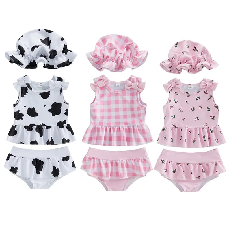 Swimsuit for girl with Scottish/Floral print, sleeveless top with volant, thong and sun hat, set 3 pieces, beach summer clothing