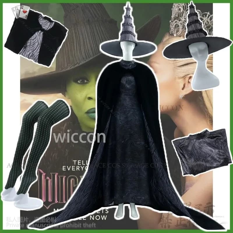 Anime Strega Elphaba Cosplay Wicked Movie Costume Nero Magia Uniforme Goth Lolita Dress Cappello Set completo per Halloween Personalizzato