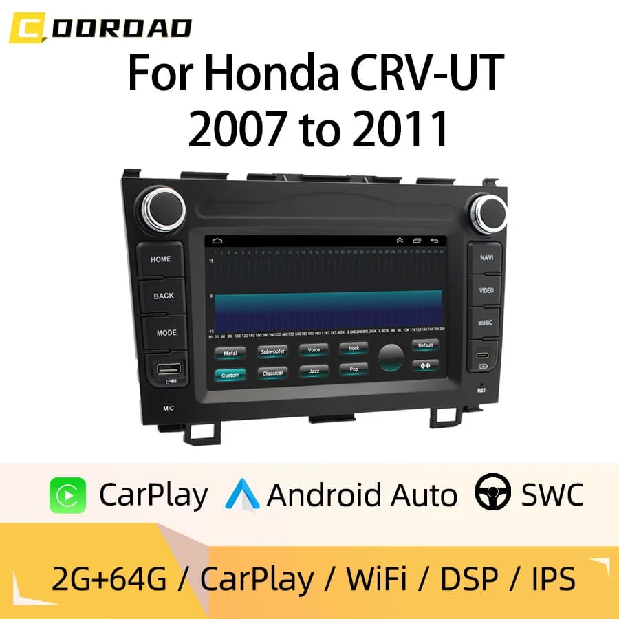 Autoradio Android da 7 pollici con Type-C per Honda CRV-UT dal 2007 al 2011, CarPlay wireless, Android Auto, GPS, Bluetooth, controllo al volante
