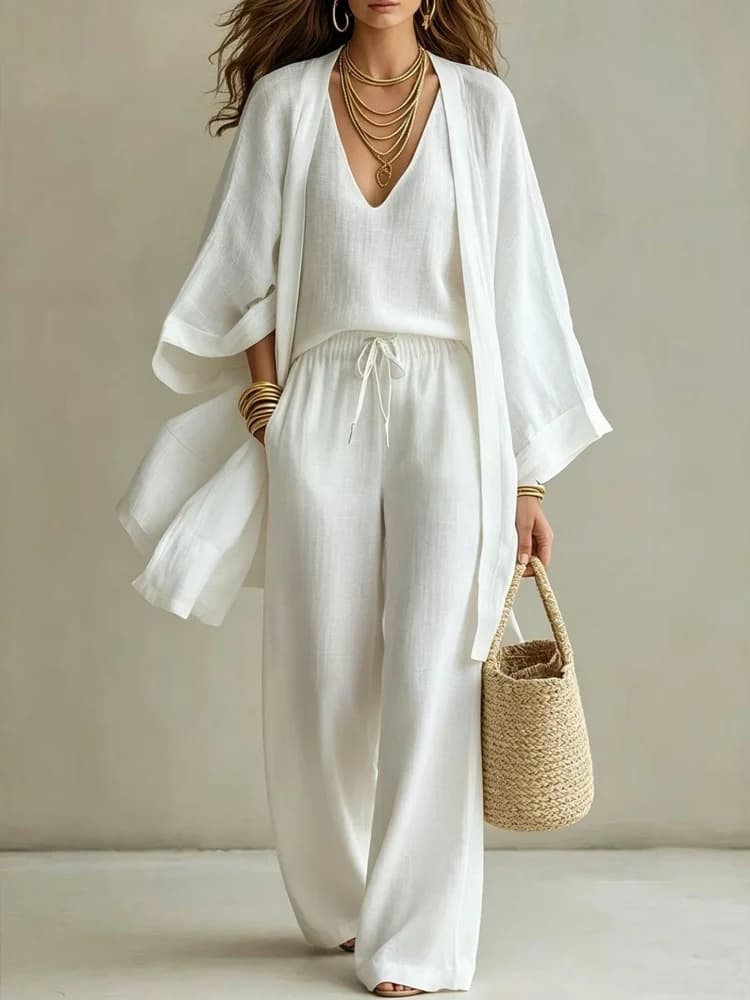 Wmstar 3 Piece Sets WomenOpen Front Kimono Cardigan Deep V Neck Sleeveless Top Elastic Wide Leg Pants Sets Matching Suits
