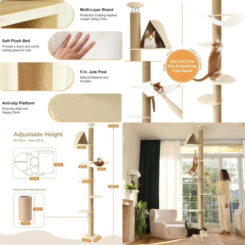 Albero per Gatti Regolabile in Altezza 6-10 Piedi con 6 Livelli, Tiragraffi Spessi e Amaca - Beige