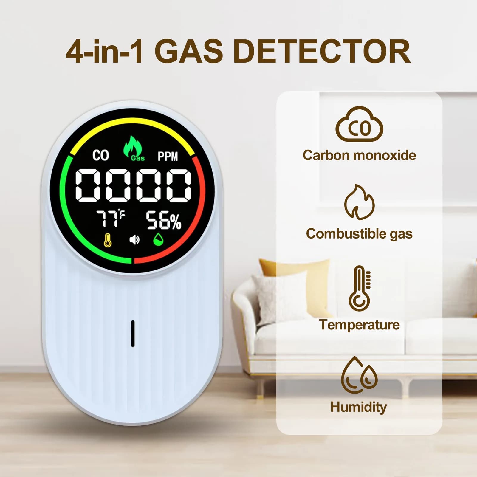 4 in 1 Wall Plug-in CO Combustible Gas Detector Carbon Monoxide Temperature Humidity Alarm for Home RV Kitchen