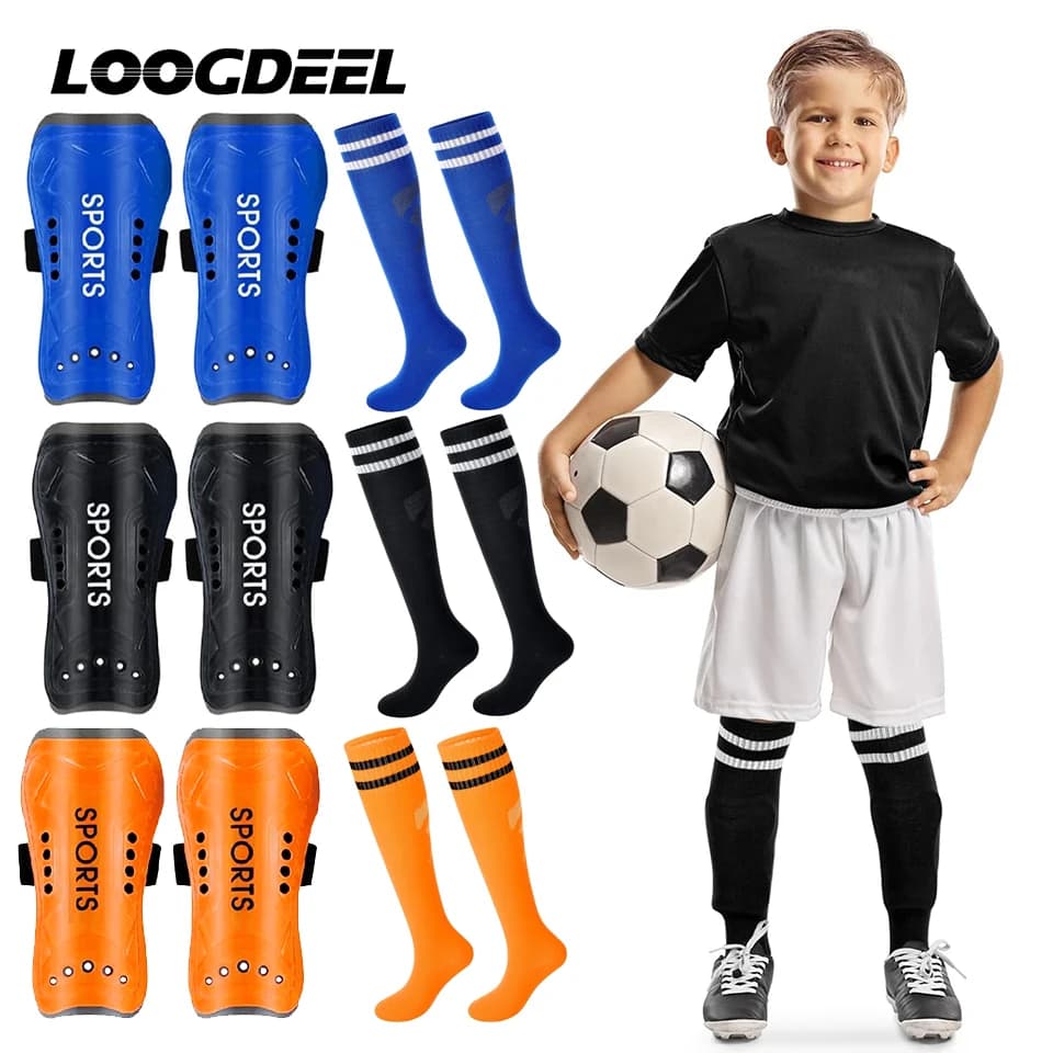 Loogdeel Tavola di protezione per tibia da calcio Set di calzini sportivi Antiscivolo sopra il ginocchio Calzini da calcio Anti-collisione Protezione per legging al polpaccio