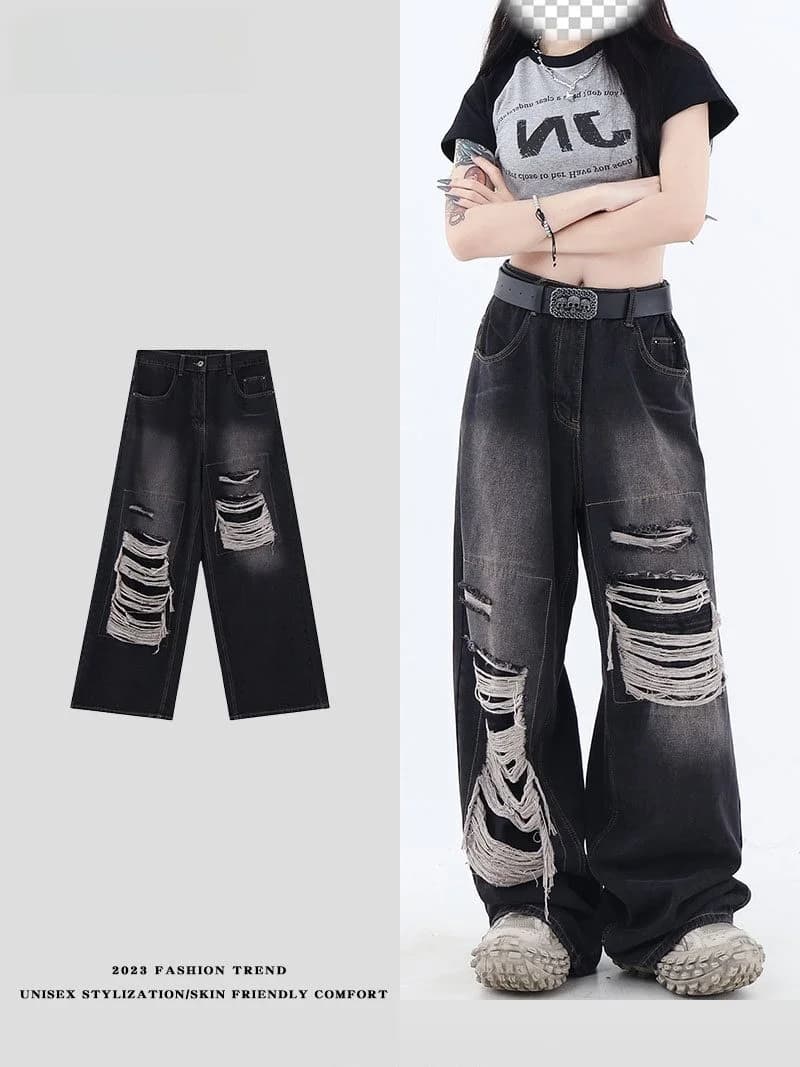 LPLN American Retro Street Patchwork Hole Design Loose Straight Leg Jeans for Men Youth Popular Casual Daily Wear Jeans