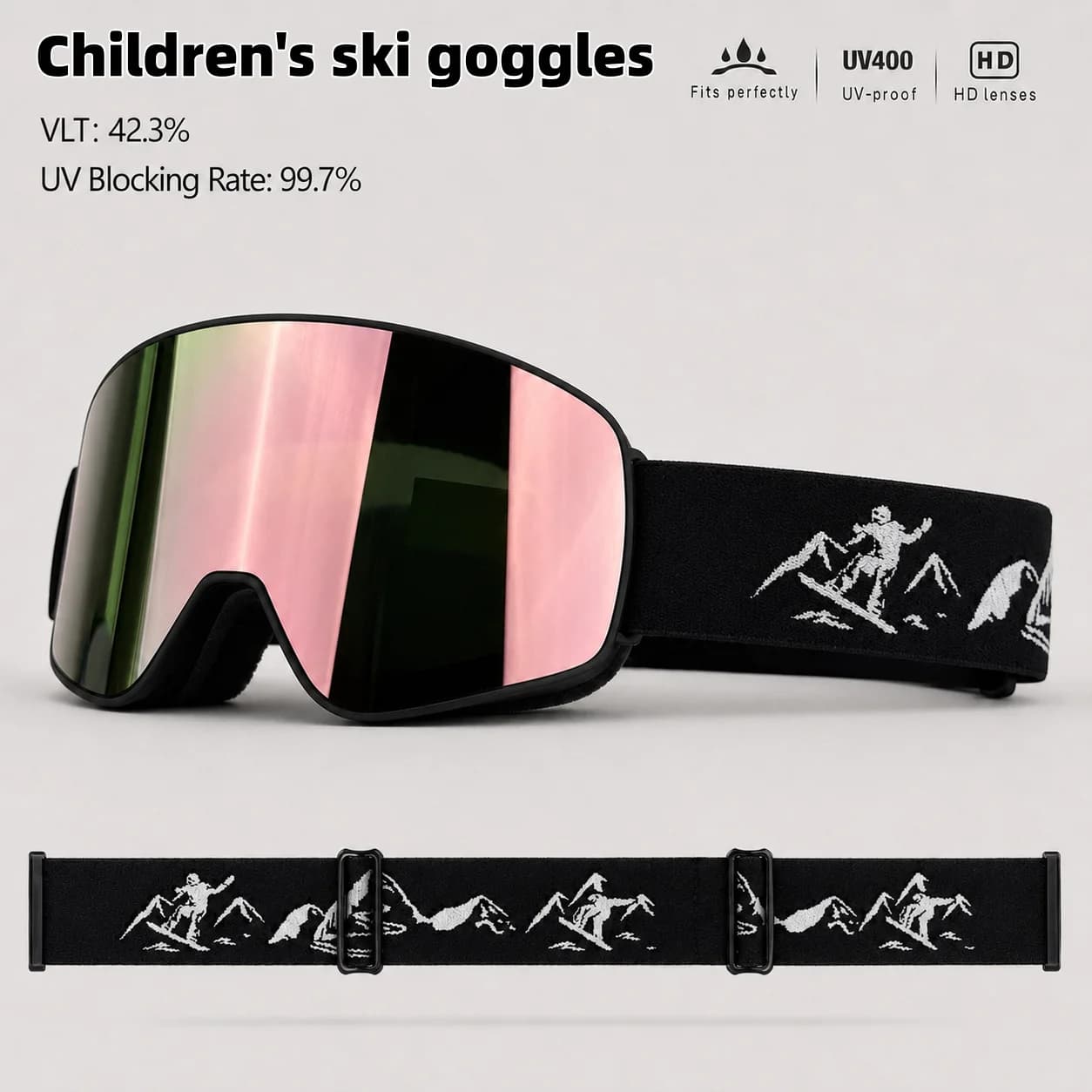 Kids UV400 Ski & Snowboard Goggles, HD Anti-Fog Lenses, Adjustable Strap Sports Eyewear
