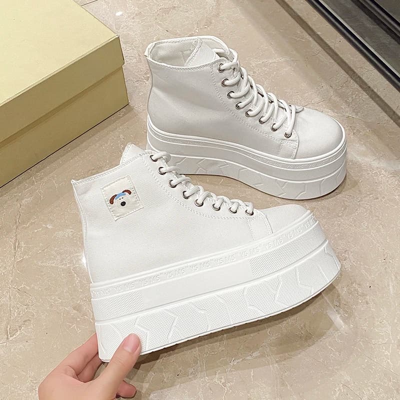 Scarpe da ginnastica con plateau rialzato con fondo spesso in tela da donna Scarpe singole sportive casual alte traspiranti di nuovo stile primaverile
