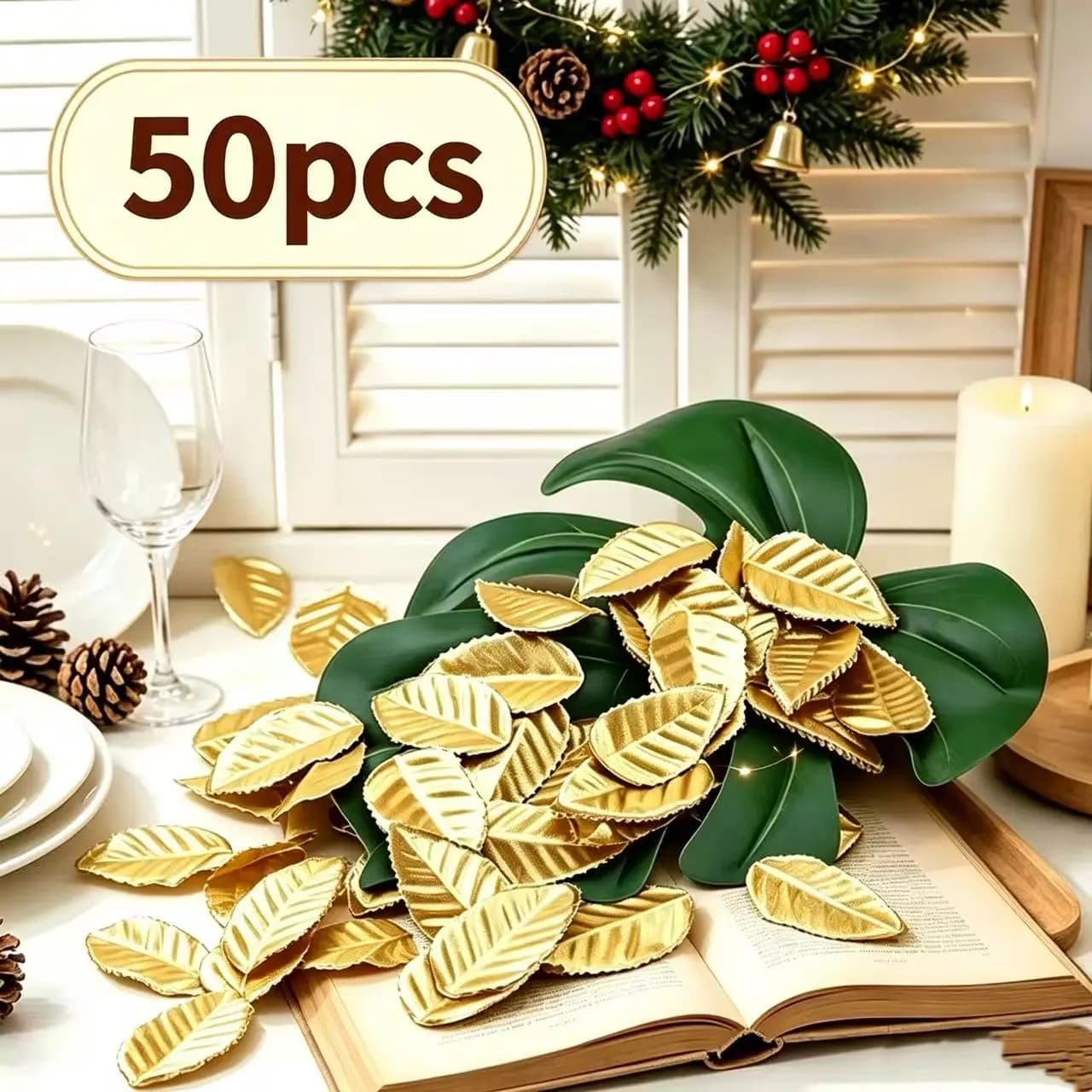 25/50 Pcs Artificial Plants Silk Golden Leaves Christmas Tree Filler Home Table Decoration Outdoor Wedding Accessories DIY Gifts