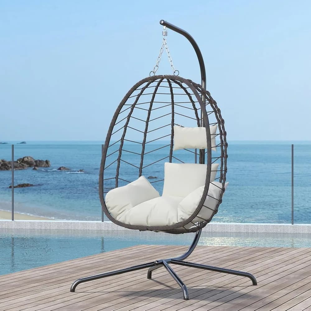 Suspended egg chair with support, oscillating egg chair for interior and exterior, hanging basket chair with cushion, patio wicker hammock