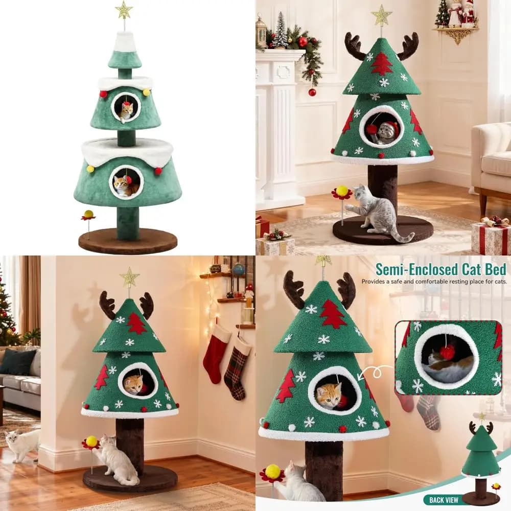 Albero per gatti natalizio a 63 livelli con giocattoli interattivi per divertimento e arricchi durante le vacanze