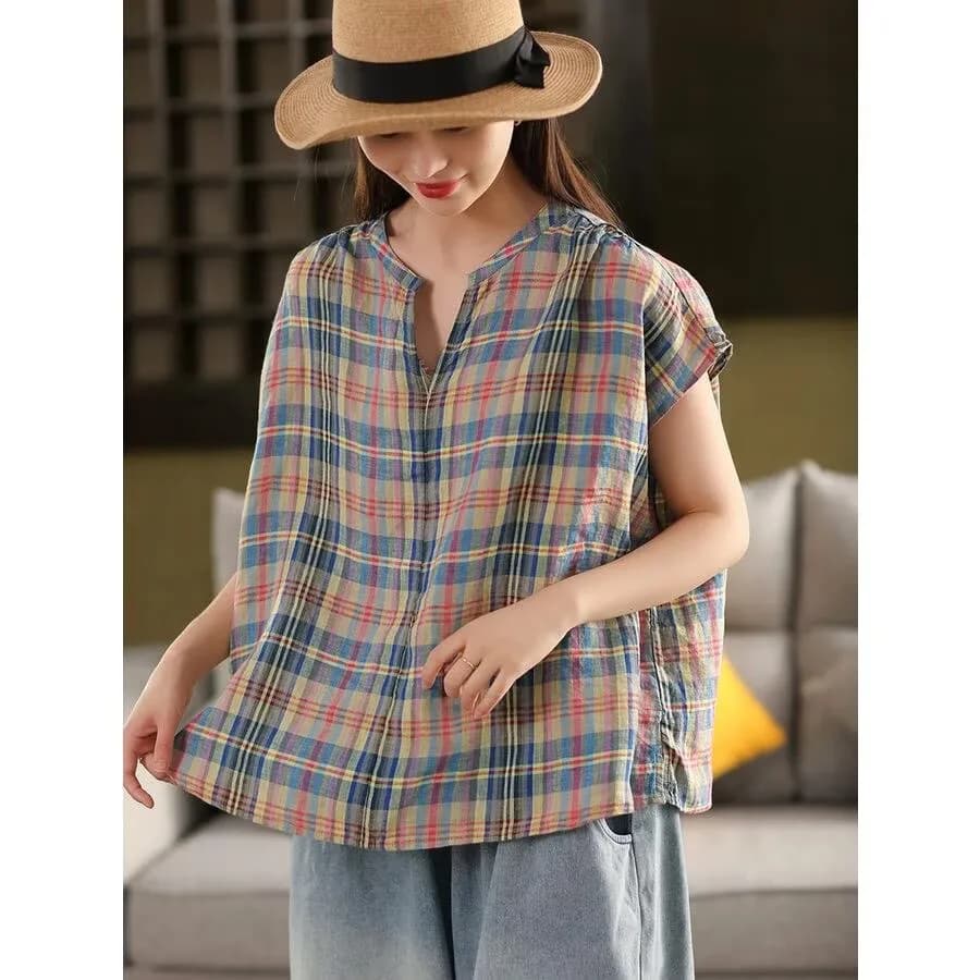 T-shirt da donna in cotone e lino con motivo a quadri