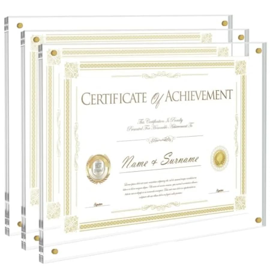Set di 3 Cornici in Acrilico Trasparente da Parete per Foto o Certificati 8.5x11 8x10, Senza Foratura, Autoadesive, Cornici per Foto e Diplomi