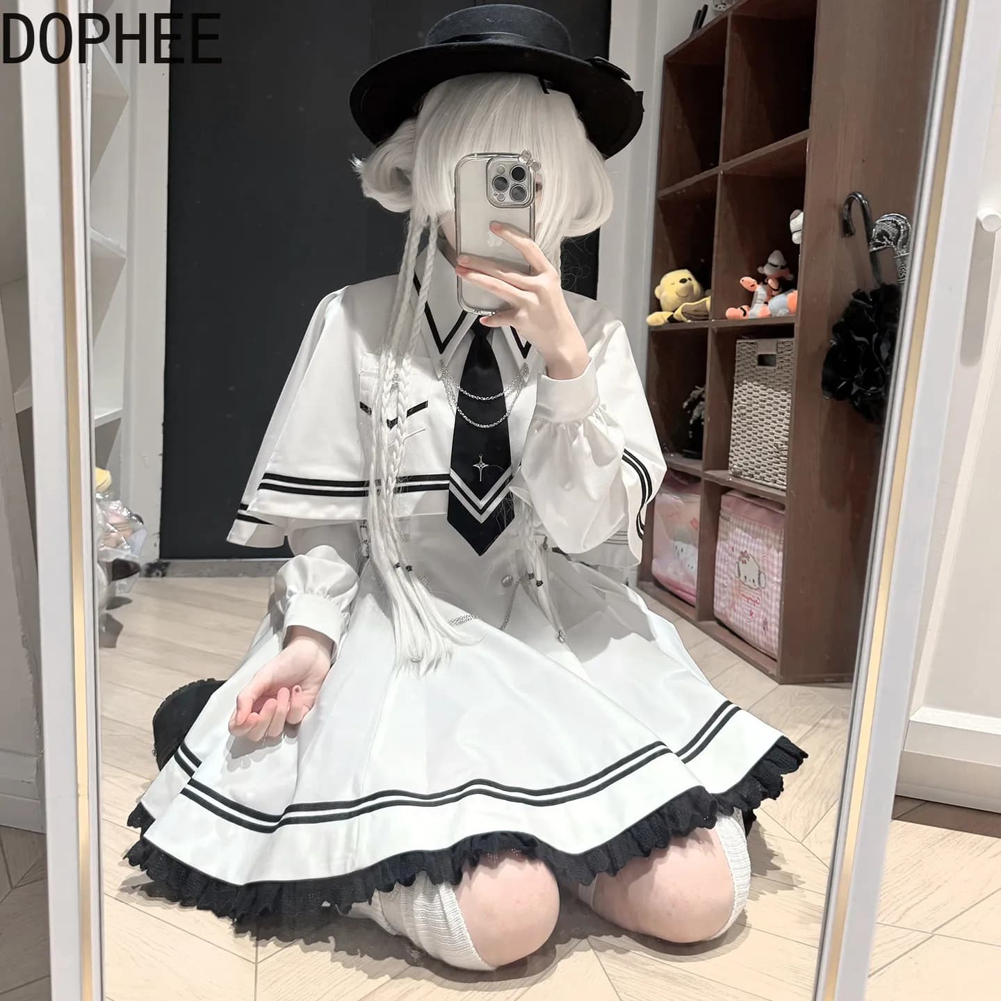 Japanese Gothic Subculture Four-piece Set Long Sleeve White Sailor Suit Dress Spice Girls Leg Warmer Elegant Cloak Black Bow Tie
