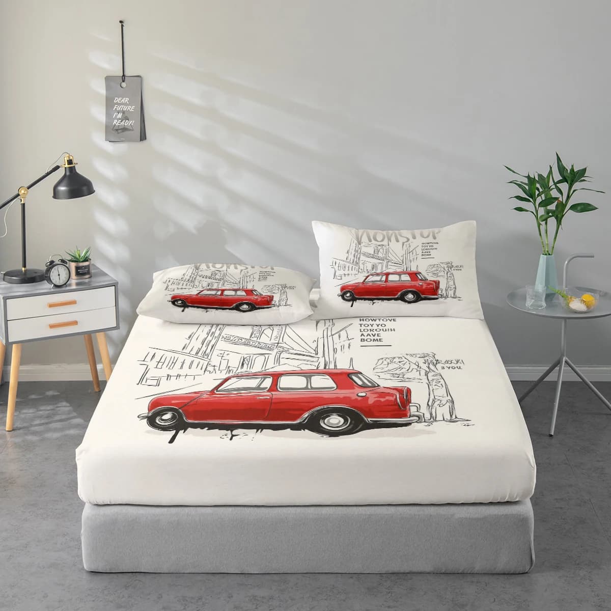 Set di lenzuola con stampa auto rossa, proteggi materasso e federa combinati, set di lenzuola stampate ad alta definizione include 1 lenzuolo + 1 o 2 federe (1 federa per 60*100cm e 2 federe per 72*132cm, le altre misure sono 2 federe), adatto per camera da letto e stanza degli ospiti, biancheria da letto in poliestere ultra morbido, lavabile in lavatrice, utilizzabile in tutte le stagioni
