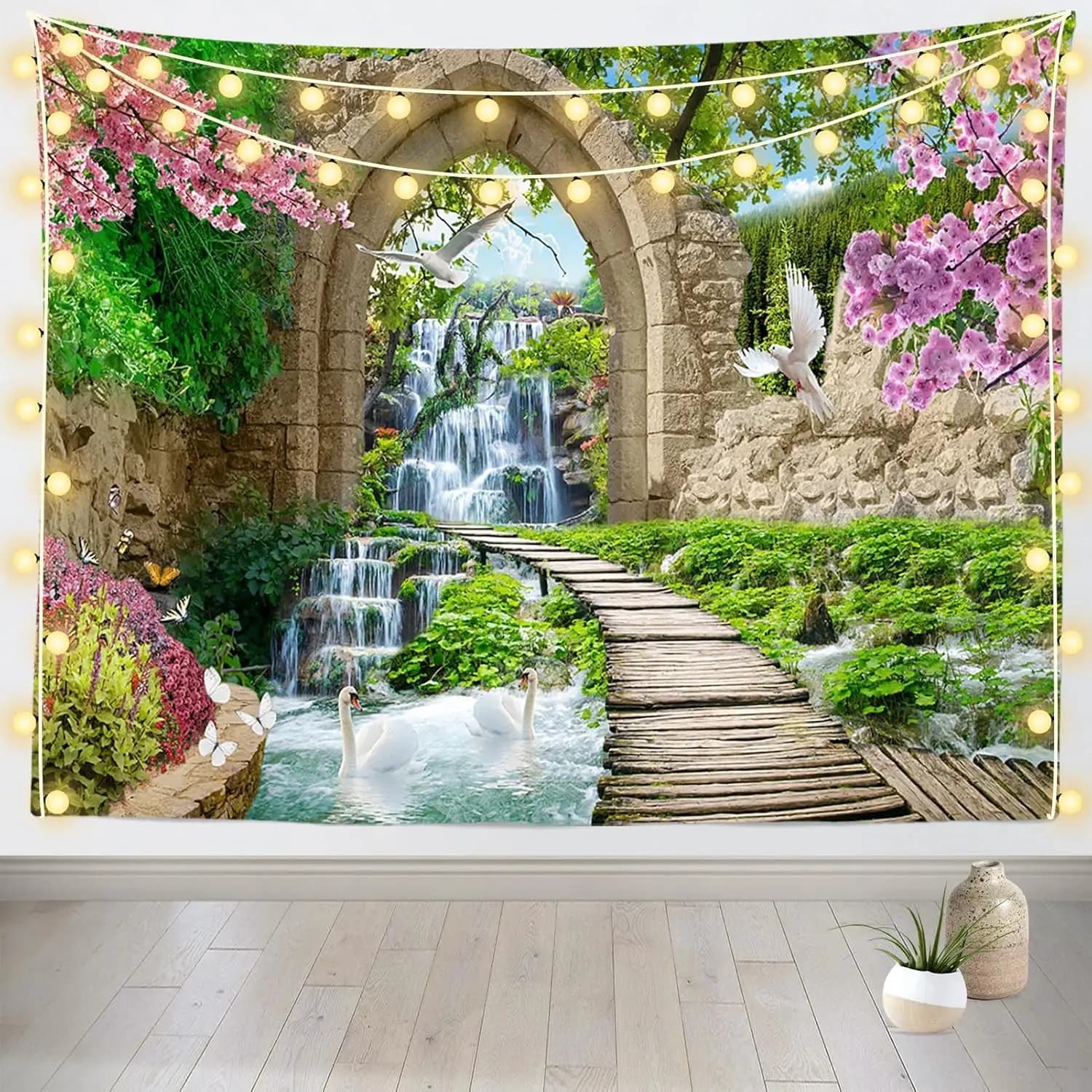 Cherry Blossoms Green Trees River Bridge Nature Tapestry Stone Arch Mountain Waterfall Landscape for Bedroom Living Room Dorm